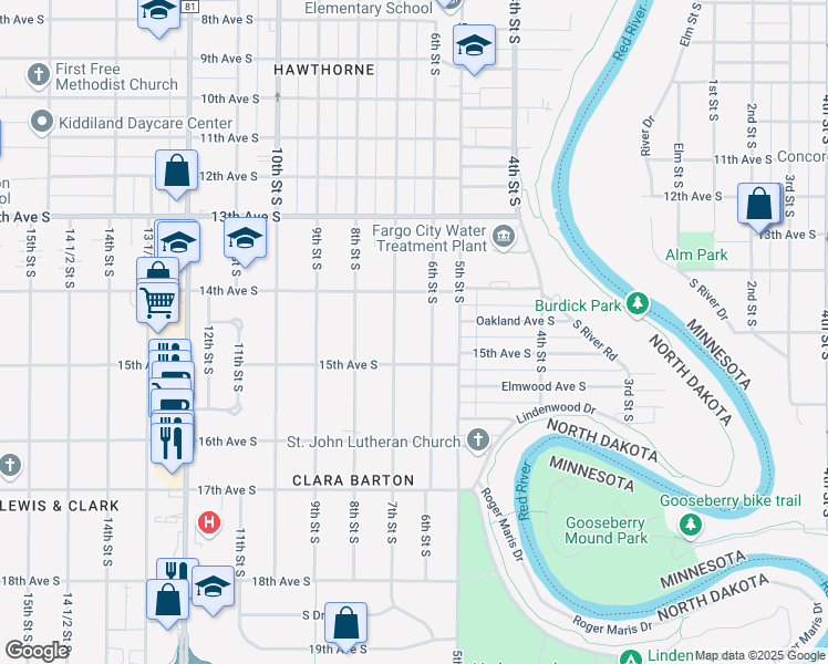 map of restaurants, bars, coffee shops, grocery stores, and more near 1417 6th Street South in Fargo