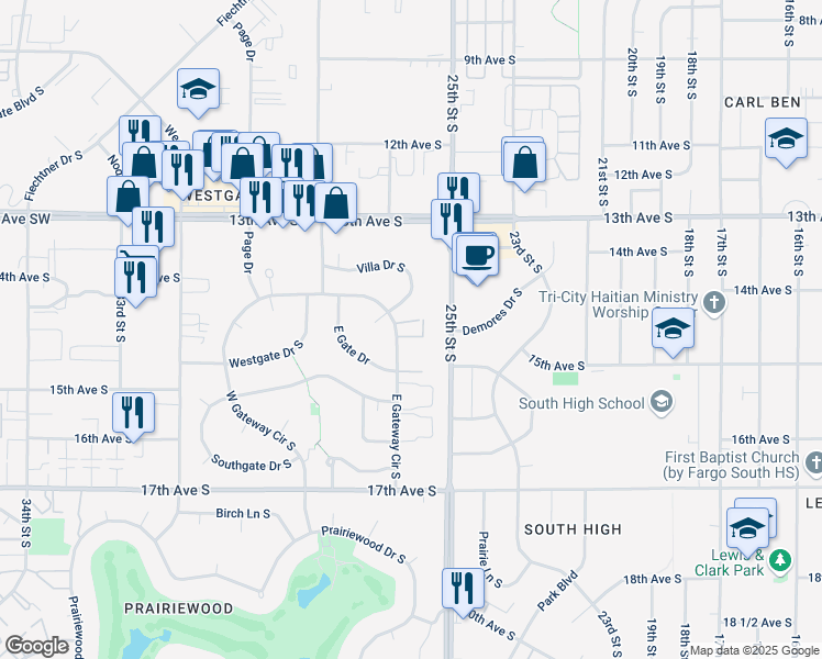 map of restaurants, bars, coffee shops, grocery stores, and more near 1430 East Gateway Circle South in Fargo