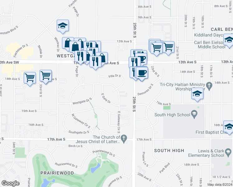 map of restaurants, bars, coffee shops, grocery stores, and more near 1443 East Gateway Circle in Fargo