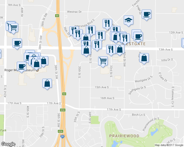 map of restaurants, bars, coffee shops, grocery stores, and more near 312 34th Street South in Fargo