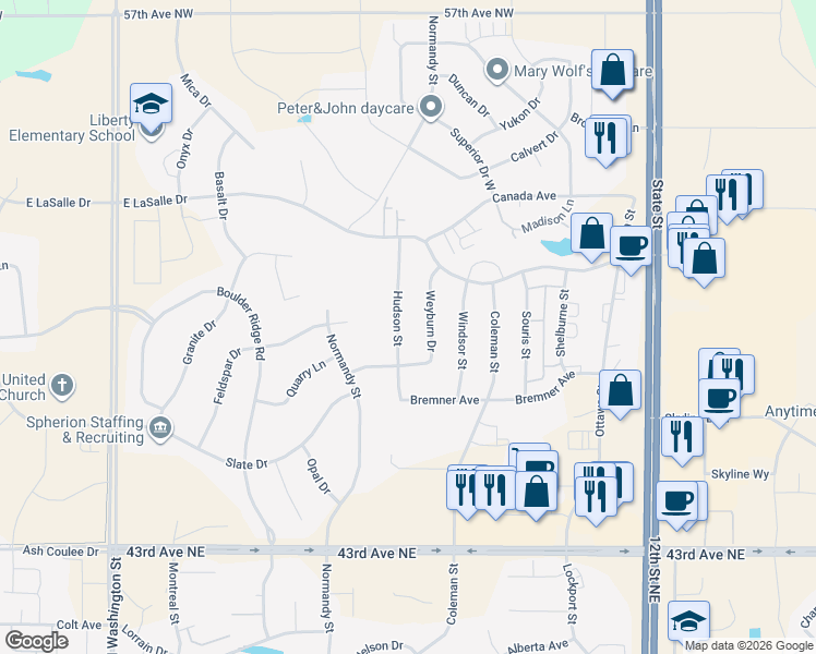map of restaurants, bars, coffee shops, grocery stores, and more near 4817 Hudson Street in Bismarck