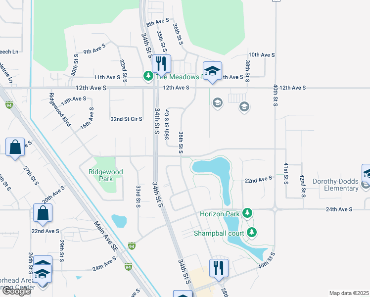 map of restaurants, bars, coffee shops, grocery stores, and more near 1710 36th Street South in Moorhead