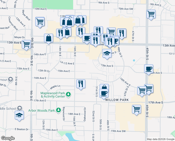 map of restaurants, bars, coffee shops, grocery stores, and more near 1630 15th Avenue East in West Fargo