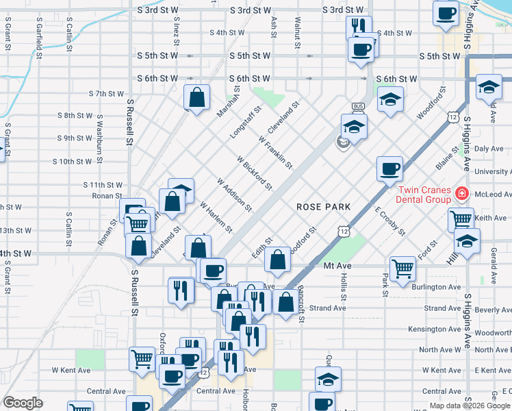 map of restaurants, bars, coffee shops, grocery stores, and more near 835 Stephens Avenue in Missoula
