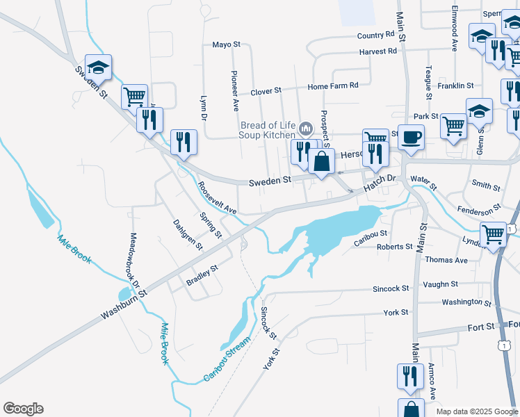 map of restaurants, bars, coffee shops, grocery stores, and more near 3 Roosevelt Avenue in Caribou