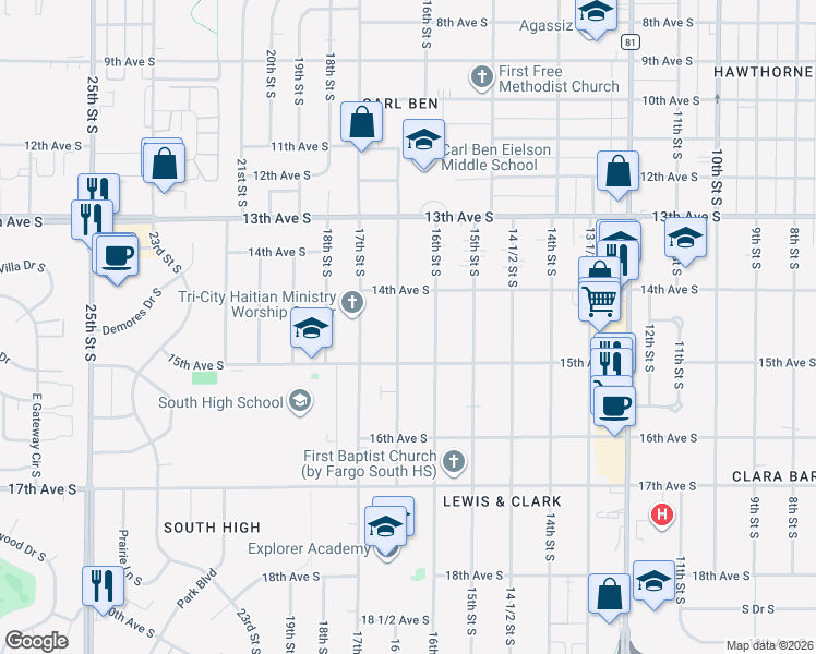 map of restaurants, bars, coffee shops, grocery stores, and more near 1428 16 1/2 Street South in Fargo