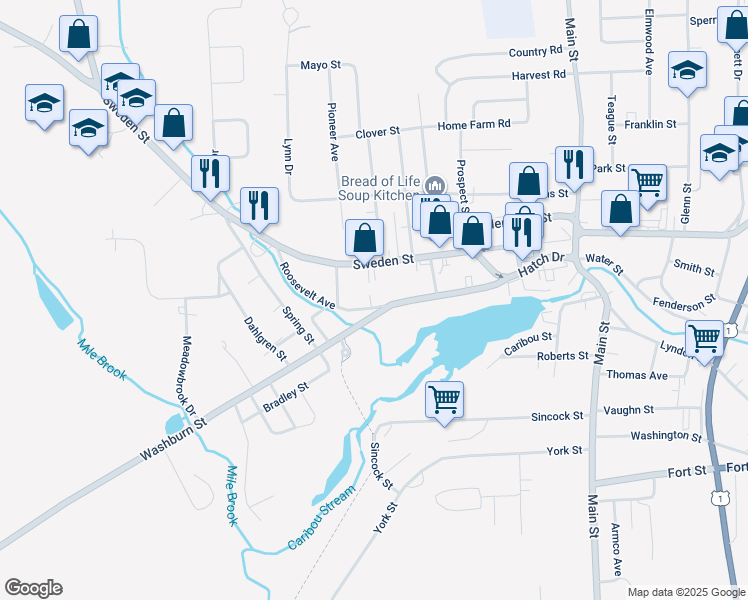 map of restaurants, bars, coffee shops, grocery stores, and more near 3 Roosevelt Avenue in Caribou