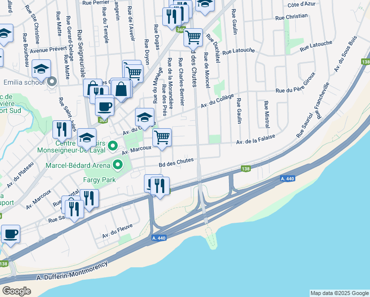 map of restaurants, bars, coffee shops, grocery stores, and more near 74 Avenue Marcoux in Québec
