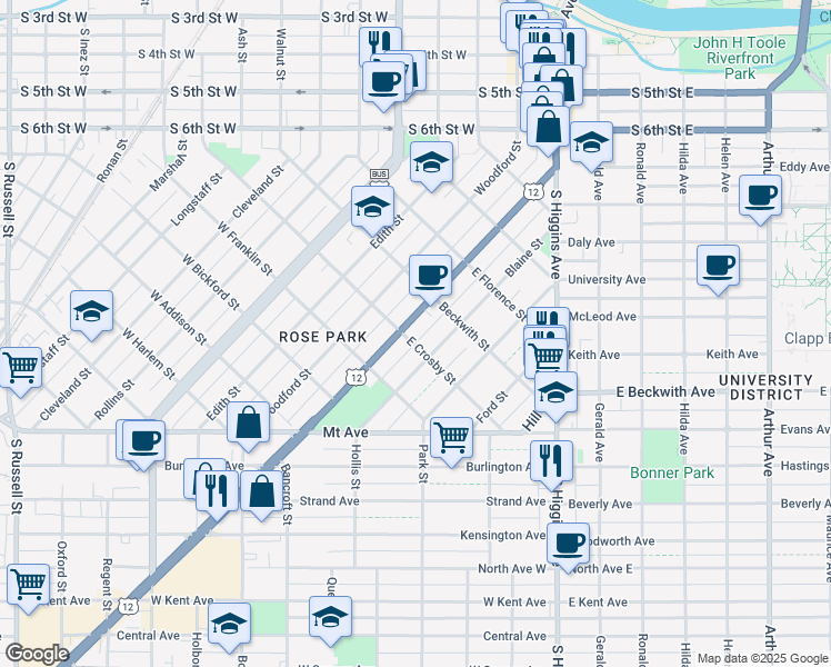 map of restaurants, bars, coffee shops, grocery stores, and more near 542 Brooks Street in Missoula