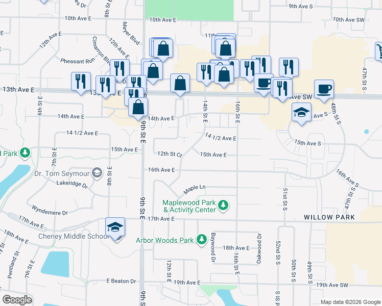 map of restaurants, bars, coffee shops, grocery stores, and more near 1401 15th Avenue East in West Fargo