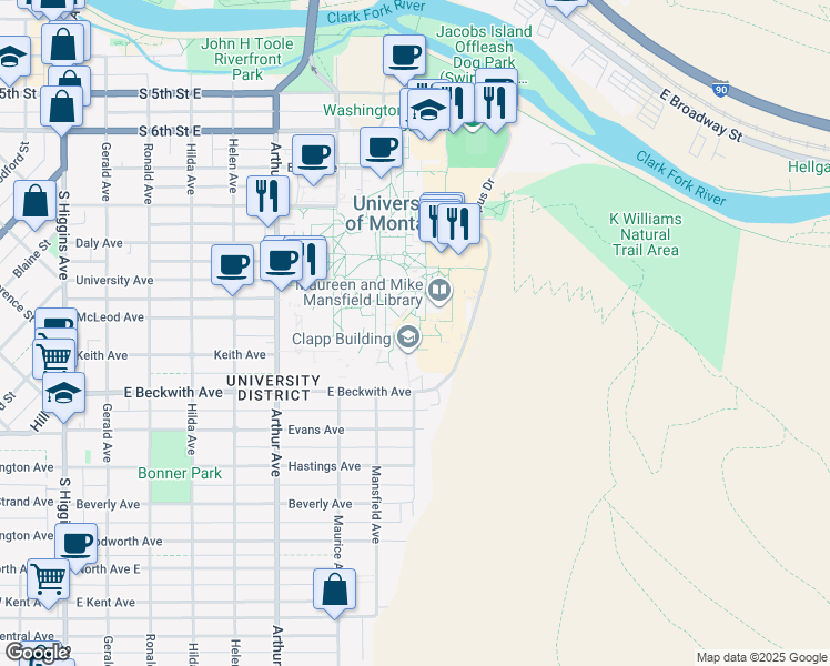 map of restaurants, bars, coffee shops, grocery stores, and more near 32 Campus Drive in Missoula