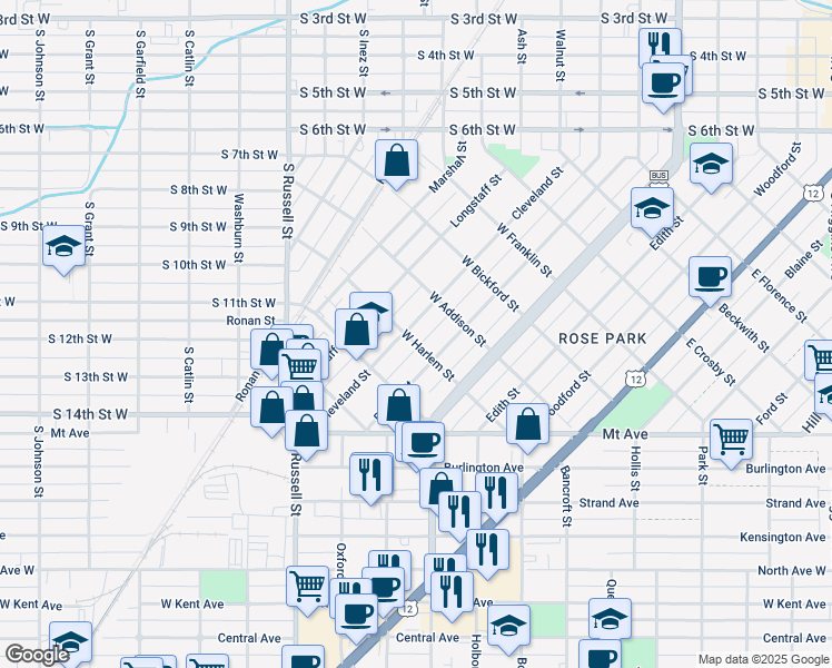 map of restaurants, bars, coffee shops, grocery stores, and more near 940 Cleveland Street in Missoula