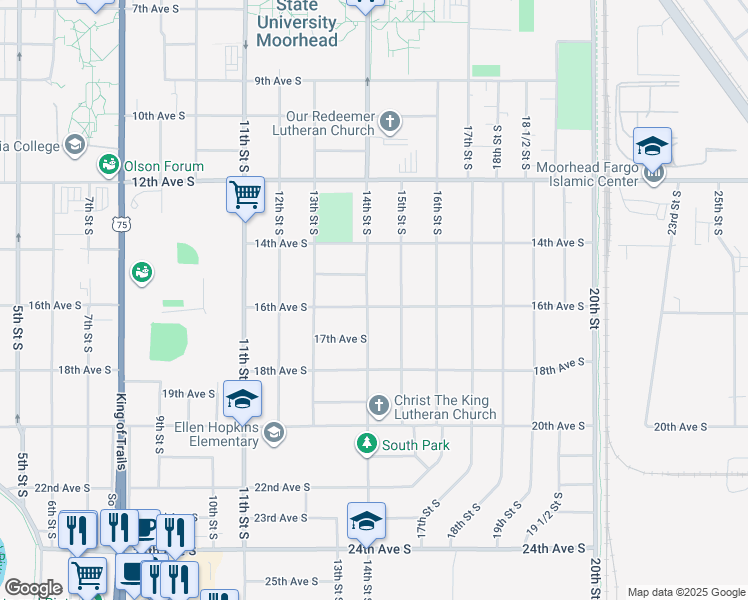 map of restaurants, bars, coffee shops, grocery stores, and more near 1520 14th Street South in Moorhead