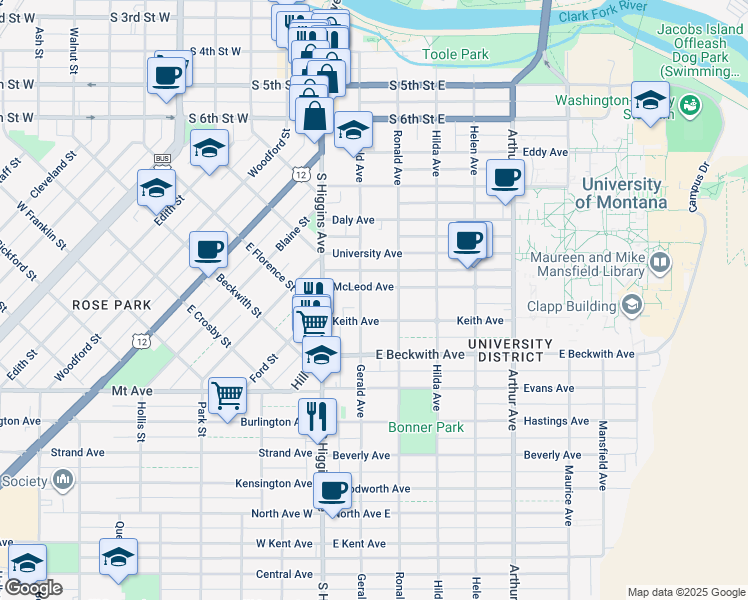 map of restaurants, bars, coffee shops, grocery stores, and more near 1310-1330 Gerald Avenue in Missoula