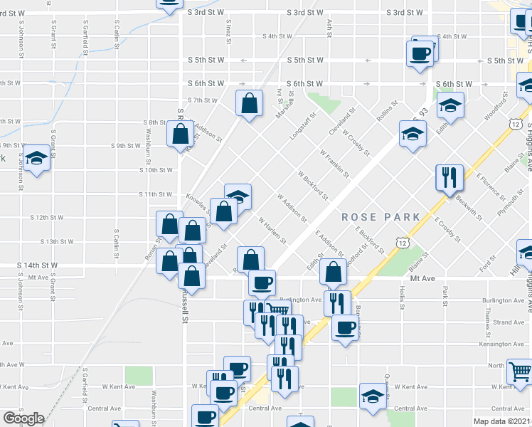 map of restaurants, bars, coffee shops, grocery stores, and more near 940 Cleveland Street in Missoula