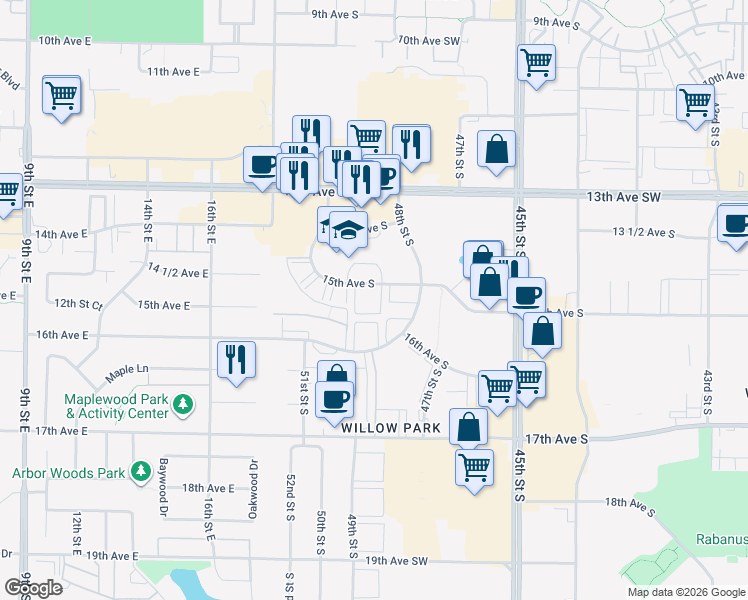 map of restaurants, bars, coffee shops, grocery stores, and more near 4802 15th Avenue South in Fargo
