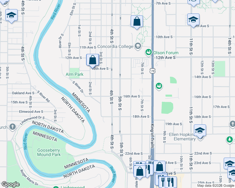 map of restaurants, bars, coffee shops, grocery stores, and more near in Moorhead
