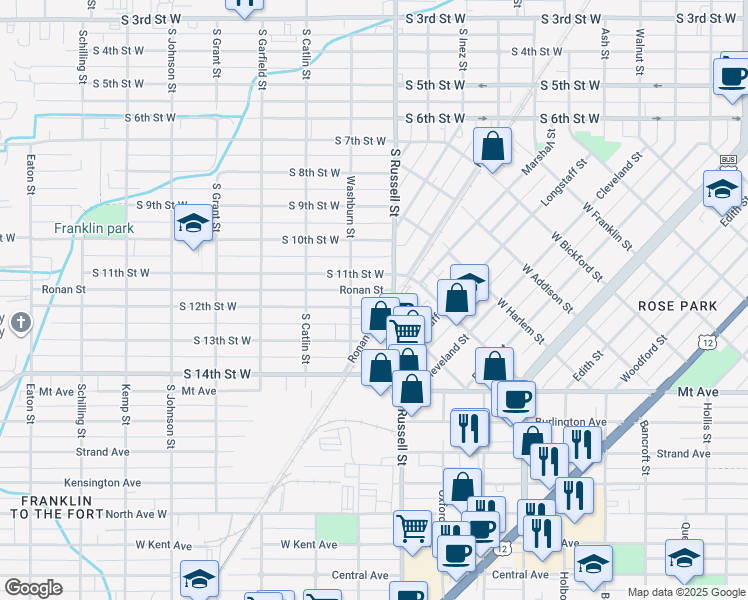 map of restaurants, bars, coffee shops, grocery stores, and more near 1526 South 12th Street West in Missoula