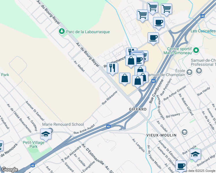 map of restaurants, bars, coffee shops, grocery stores, and more near 2995 Avenue Mallet in Québec