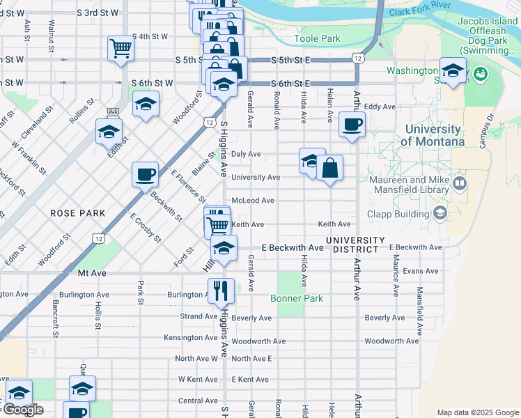 map of restaurants, bars, coffee shops, grocery stores, and more near 1310 Gerald Avenue in Missoula