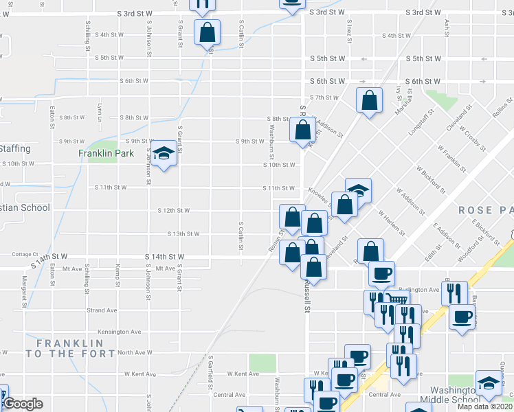 map of restaurants, bars, coffee shops, grocery stores, and more near 1634 South 12th Street West in Missoula