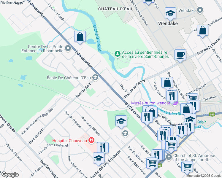 map of restaurants, bars, coffee shops, grocery stores, and more near 12237 Boulevard Valcartier in Québec