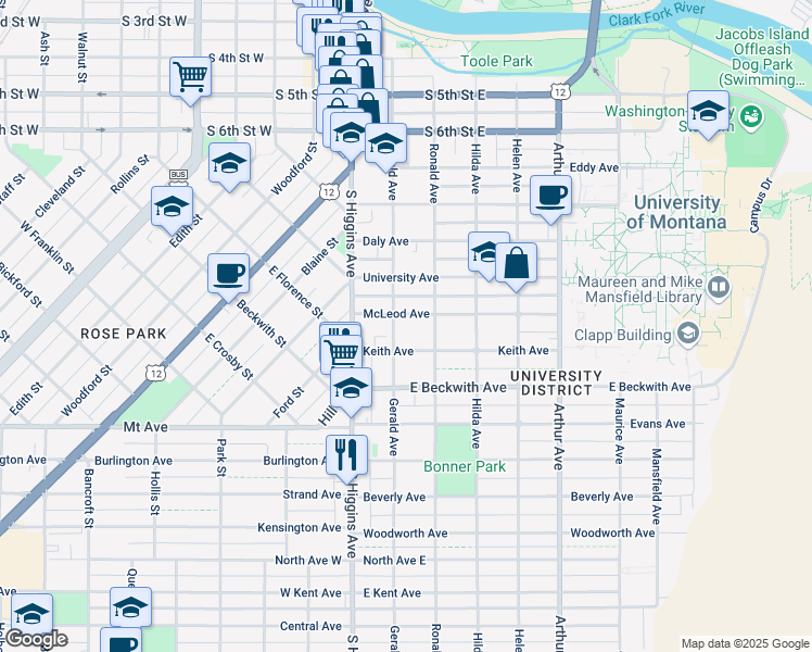 map of restaurants, bars, coffee shops, grocery stores, and more near 1310 Gerald Avenue in Missoula