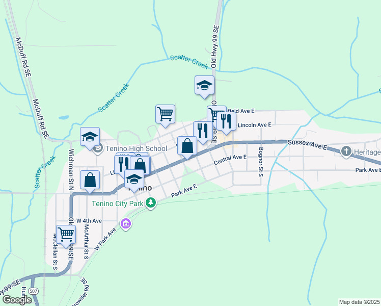 map of restaurants, bars, coffee shops, grocery stores, and more near 384 Sussex Avenue East in Tenino