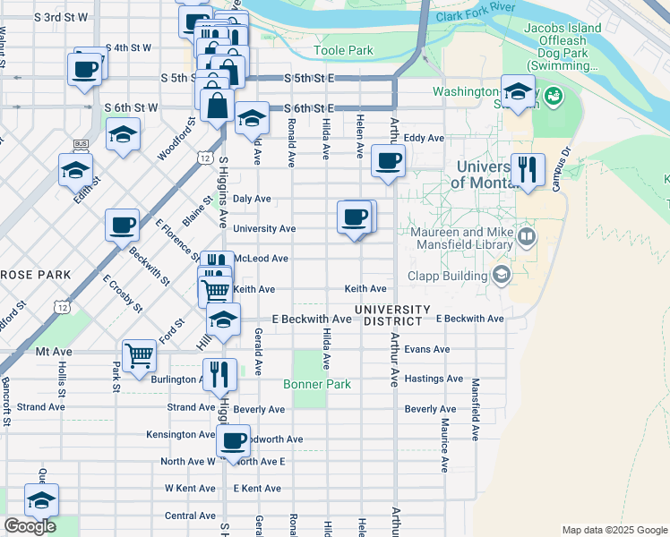 map of restaurants, bars, coffee shops, grocery stores, and more near 401 McLeod Avenue in Missoula