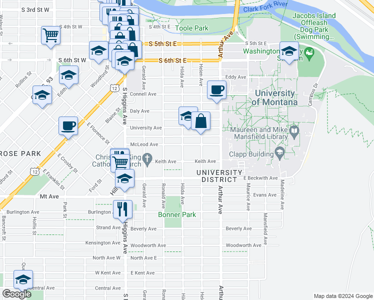 map of restaurants, bars, coffee shops, grocery stores, and more near 401 McLeod Avenue in Missoula