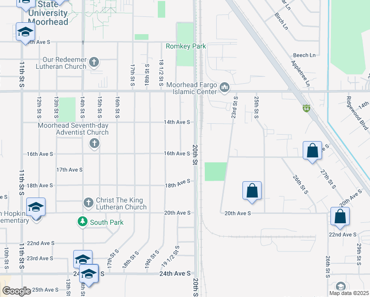 map of restaurants, bars, coffee shops, grocery stores, and more near 1516 19 1/2 Street South in Moorhead