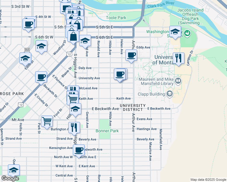 map of restaurants, bars, coffee shops, grocery stores, and more near 404 Keith Avenue in Missoula