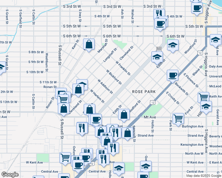 map of restaurants, bars, coffee shops, grocery stores, and more near 835 Stephens Avenue in Missoula