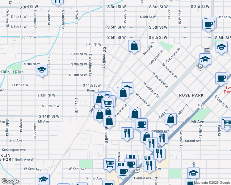 map of restaurants, bars, coffee shops, grocery stores, and more near 324 Knowles Street in Missoula