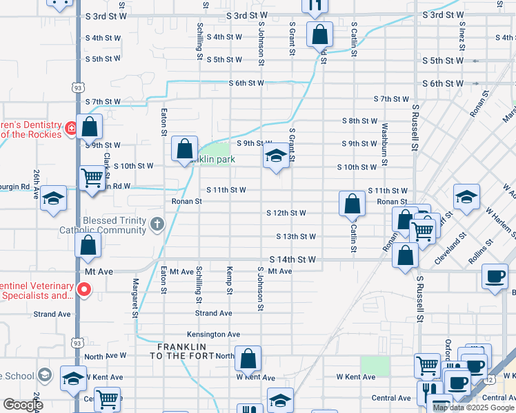 map of restaurants, bars, coffee shops, grocery stores, and more near 2001 South 12th Street West in Missoula