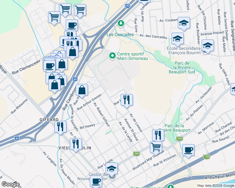 map of restaurants, bars, coffee shops, grocery stores, and more near 3550 Rue du Long Sault in Québec