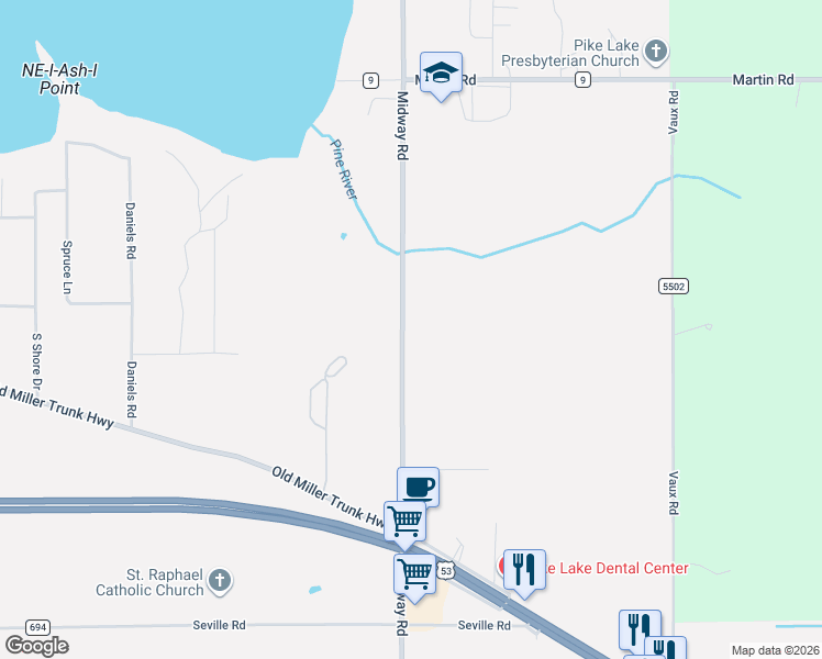 map of restaurants, bars, coffee shops, grocery stores, and more near 4808 County Highway 13 in Duluth