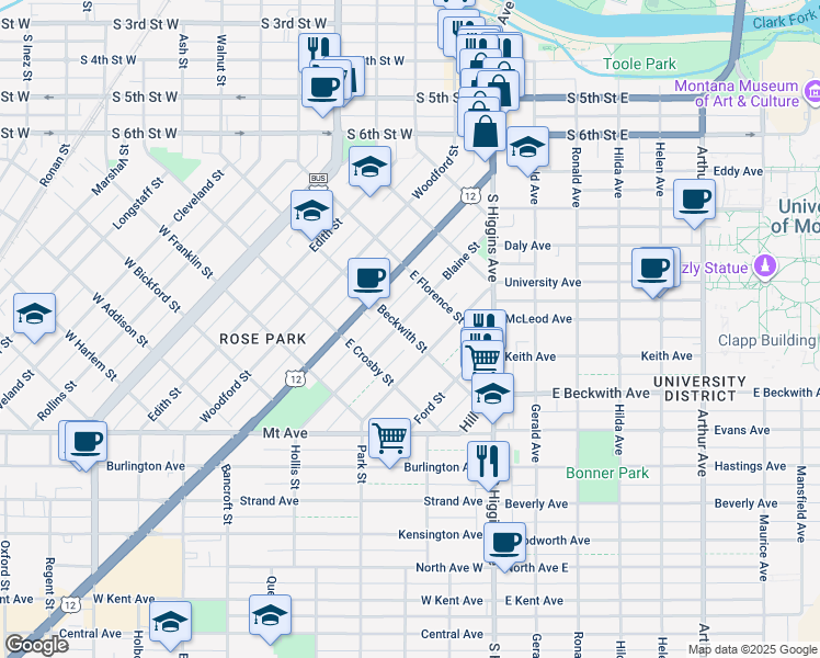 map of restaurants, bars, coffee shops, grocery stores, and more near 502 West Beckwith Street East in Missoula
