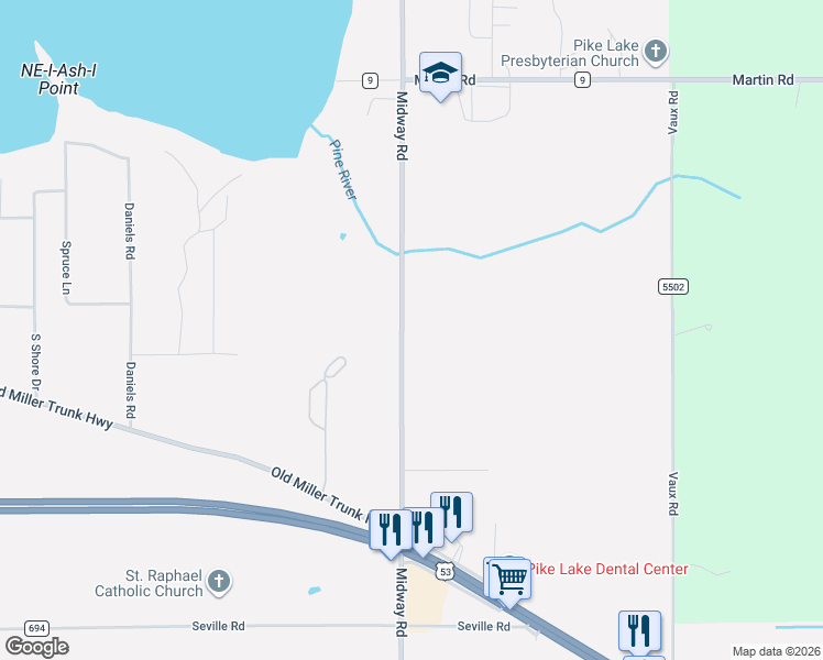 map of restaurants, bars, coffee shops, grocery stores, and more near 4808 County Highway 13 in Duluth