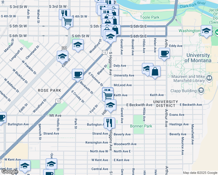 map of restaurants, bars, coffee shops, grocery stores, and more near 100 Keith Avenue in Missoula