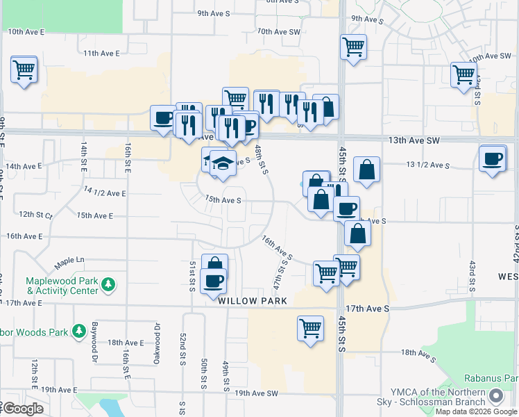 map of restaurants, bars, coffee shops, grocery stores, and more near 1519 48th Street South in Fargo