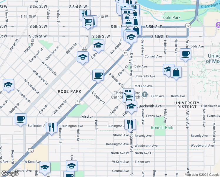 map of restaurants, bars, coffee shops, grocery stores, and more near 444 Blaine Street in Missoula