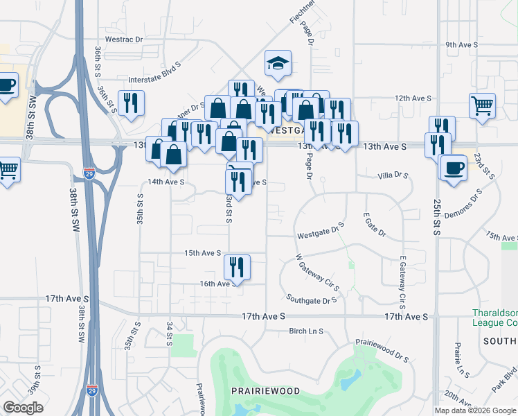 map of restaurants, bars, coffee shops, grocery stores, and more near 1411 32nd Street South in Fargo