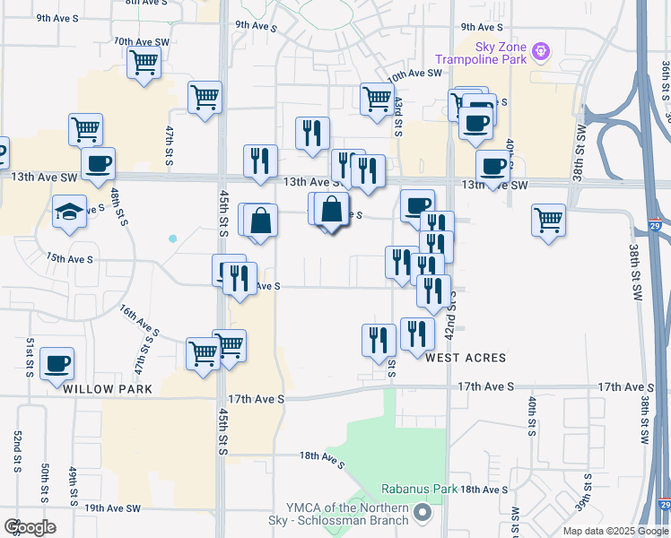 map of restaurants, bars, coffee shops, grocery stores, and more near 4333 15th Avenue South in Fargo