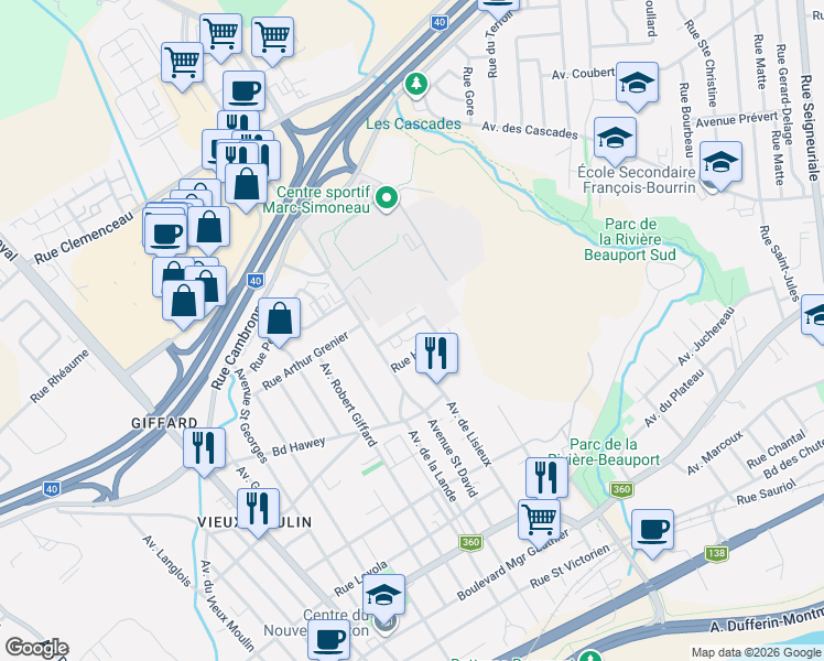 map of restaurants, bars, coffee shops, grocery stores, and more near 3550 Rue du Long Sault in Québec