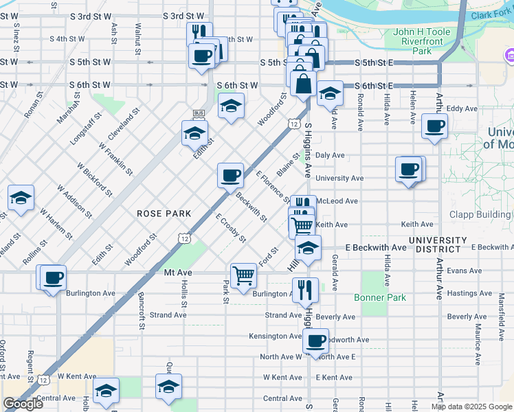 map of restaurants, bars, coffee shops, grocery stores, and more near 500 West Beckwith Street East in Missoula