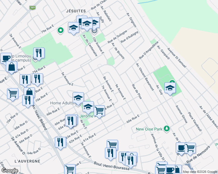 map of restaurants, bars, coffee shops, grocery stores, and more near 6715 8e Avenue Est in Québec