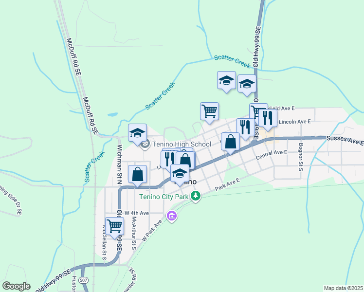 map of restaurants, bars, coffee shops, grocery stores, and more near 274 Olympia Street North in Tenino