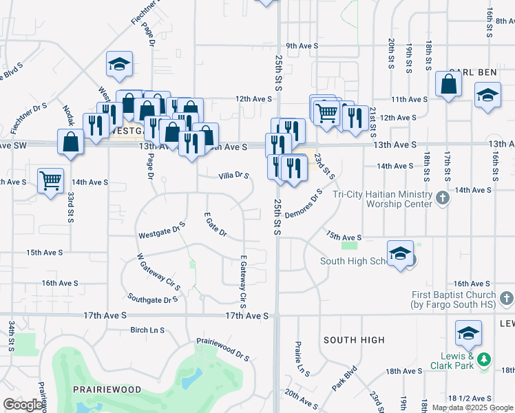 map of restaurants, bars, coffee shops, grocery stores, and more near 1430 East Gateway Circle South in Fargo