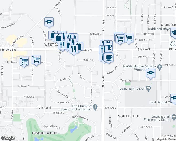 map of restaurants, bars, coffee shops, grocery stores, and more near 1443 East Gateway Circle in Fargo